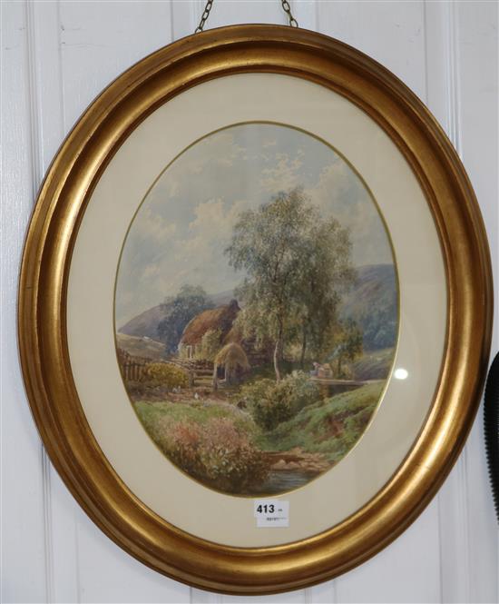 G.H. 1896, watercolour, thatched cottage in a landscape oval, 46 x 36cm.